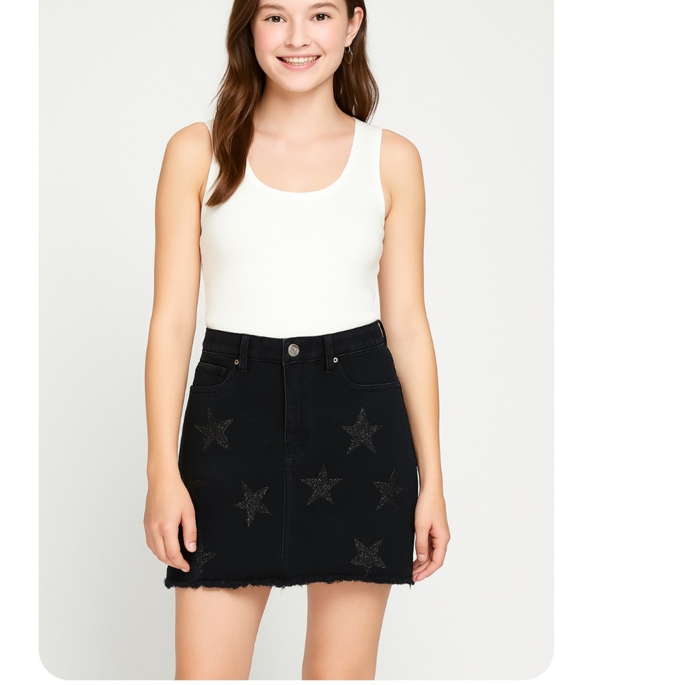 Kancan Black Jean Mini Skirt Glitter Stars Size XS